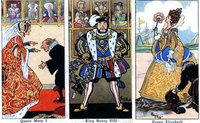 Koning Hendrik VIII met zijn twee dochters, Mary I en Elizabeth I, 1936 door René Bull