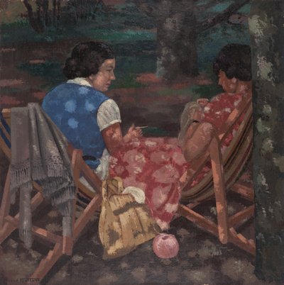 Breiende vrouwen in de tuin door René Fontayne