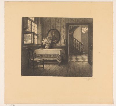 Interieur met portret, tafel en doorkijk op een gang door René Janssens (signed by artist)