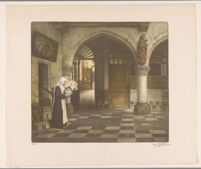 Non in een kloosterhal met een bloemenvaas door René Janssens (signed by artist)