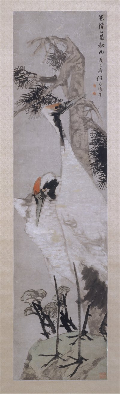 Kraanvogels, dennenboom en korstmos, gedateerd 1885 door Ren Yi