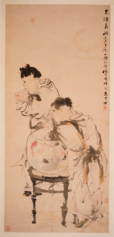 Twee jongens die met goudvissen spelen, 1879 door Ren Yi