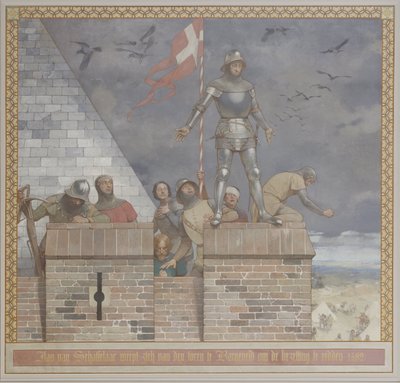 Schildering door Georg Sturm de voorstelling van Jan van Schaffelaar werpt zich van den toren te Barneveld om de bezetting te redden, aan de zuidelijke wand in de Voorhal door René den Engelsman