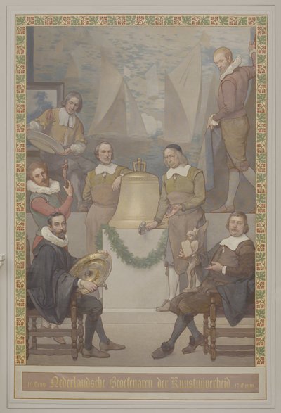 Schildering in de Voorhal door Georg Sturm van de Kunstnijverheid (onder andere het maken van klokken) met het opschrift: 16de eeuw Nederlandsche beoefenaren der kunstnijverheid 17de eeuw door René den Engelsman