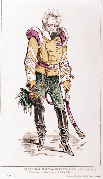 Jacques Offenbach: "La vie parisienne". Generaal Malaga van Puerto Rico, kostuum van Draner. 1866. door Renard Jules Draner
