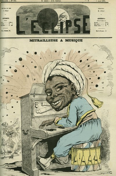 Machinegeweer met muziek, cartoon door Jules Renard Draner (1833-1926), specialist in militair leven onder alle nationaliteiten. Omslag in "L