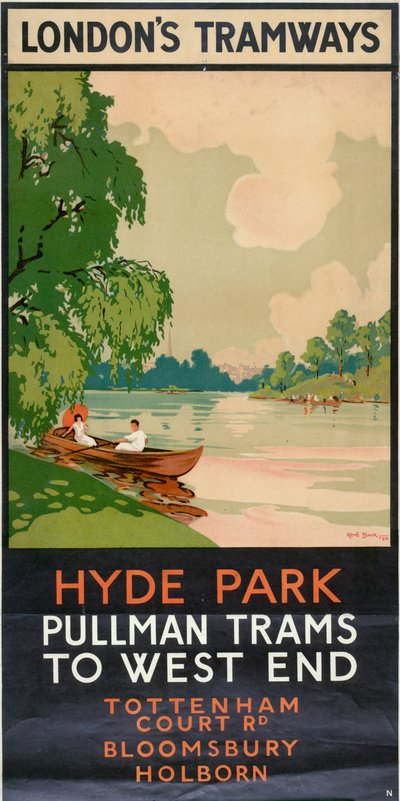 Hyde Park, Pullman Trams naar West End, London County Council LCC Tramways poster, 1930 door Rene Blair