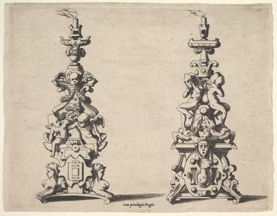 Twee kandelaars ontwerpen, ca. 1550-60 door Rene Boyvin