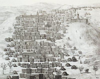 Uitzicht op de stad Timboektoe, Mali, gravure uit Reizen door Centraal-Afrika naar Timboektoe door Rene Caillie tussen 1824 en 1828, Afrika door Rene Caillie