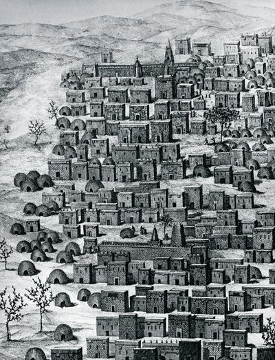 Uitzicht op de stad Timboektoe, Mali, gravure uit Reizen door Centraal-Afrika naar Timboektoe, door Rene Caillie tussen 1824 en 1828, Afrika door Rene Caillie