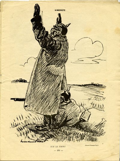 Aan het front doet een Duitse soldaat alsof hij zich overgeeft terwijl een andere hiervan profiteert om onder zijn jas te schieten door Rene George Hermann Paul