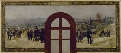 Schets voor het kantoor van de prefect in het Stadhuis van Parijs: Het vertrek van de "Armand Barbès" ballon, Nationale Garde instructie door Rene Joseph Gilbert