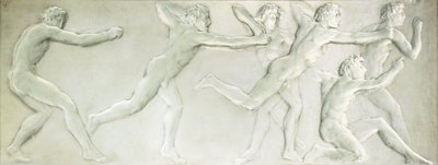 Een gevormd glazen figuratief paneel met zes naakte mannelijke atleten door Rene Jules Lalique