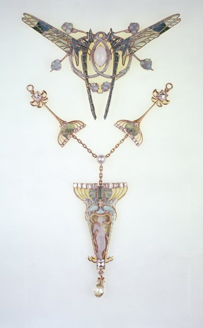 Haarornament door Lalique en hanger door Philippe Wolfers door Rene Jules Lalique