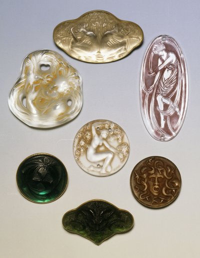 Verschillende glazen broches, zegels en hangers door Rene Jules Lalique