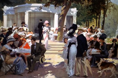 Bij de Vittel spa: mensen drinken verfrissingen, begin 20e eeuw (illustratie) door Rene Lelong