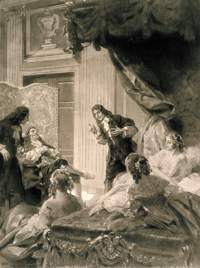Scène uit het toneelstuk "Le Malade Imaginaire" van Molière, eind 19e - begin 20e eeuw door Rene Lelong