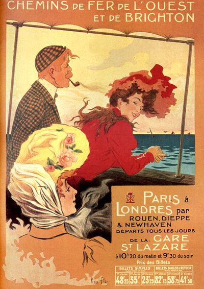 Advertentieposter door Rene Pean voor West en Brighton spoorwegmaatschappij voor de lijn Parijs-Londen via Rouen, Dieppe en Newhaven, eind 19e eeuw door Rene Pean