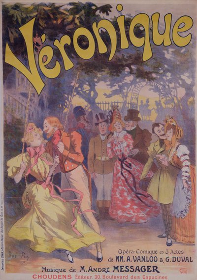 Poster die Veronique adverteert, een komische opera met woorden van A. Vanloo en G. Duval en muziek van Andre Messager, 1898 door Rene Pean