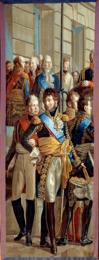 Interview van Napoleon I en koningin Louise van Pruisen in Tilsit (Tilsitt), 6/07/1807 Tapisserie gemaakt door de werkplaats van de Gobelins na een detail van het schilderij door René Théodore Berthon (1776-1859) door Rene Theodore Berthon