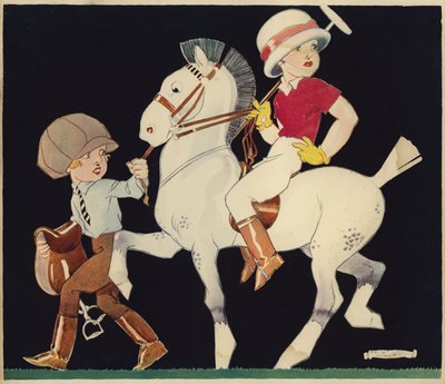 Jongen op polopony, geleid door stalmeisje door Rene Vincent