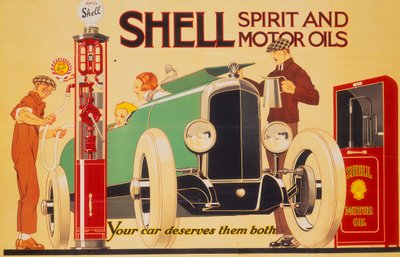 Poster die Shell spirit en motoroliën adverteert door Rene Vincent
