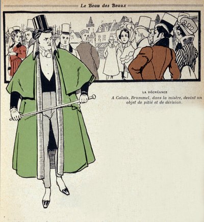 Afbeelding van George Bryan Brummel, bekend als de Beau Brummel (1778 - 1840), Koning van de Dandys: de laatste is in ballingschap in Calais. Illustratie door Rene Vincent (1879-1936). 19e eeuw door Rene Vincent
