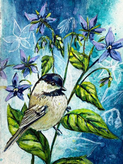 Blauwe tuinhuismees door Renee Machan Cottagecore Artist