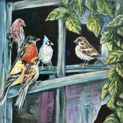Kleurrijke vogelzitstok voor aan het raam door Renee Machan Cottagecore Artist