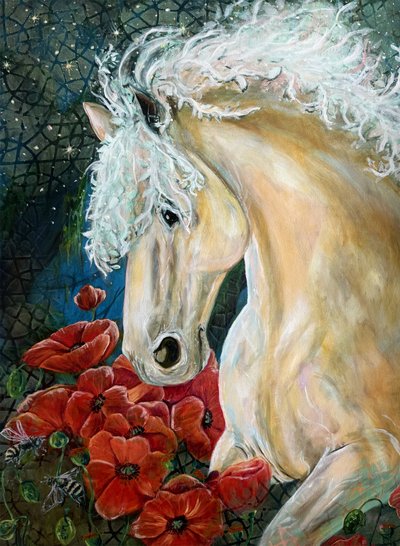 Dromerig paard en klaprozen door Renee Machan Cottagecore Artist