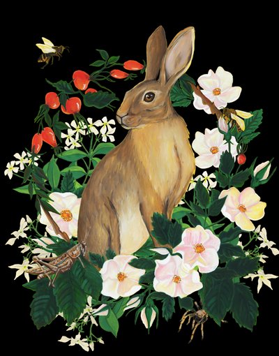 Wild konijn en bloemen door Renee Machan Cottagecore Artist