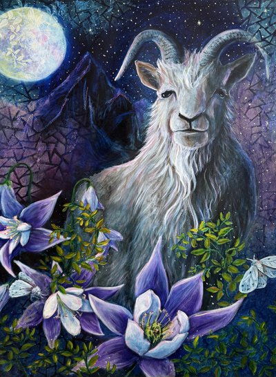 "Steenbokseizoen" – Volle maan in het teken van de Steenbok en akeleibloemen Door Renee Machan door Renee Machan Cottagecore Artist