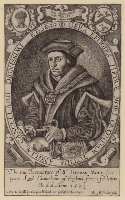 Sir Thomas More, Engelse advocaat, staatsman, filosoof en humanist (gravure) door Renold (after) Elstrack