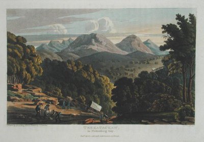 Trekatackaw in Plettenbergbaai, getekend naar originele schets door R. Cocking, gepubliceerd 1818 door Rev. Christian Ignatius (after) Latrobe