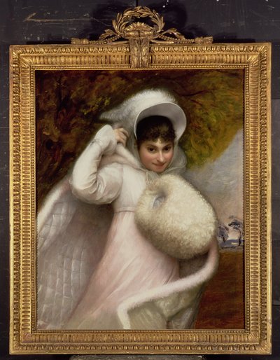 Portret van een dame in een witte jurk door Rev. Mathew William Peters