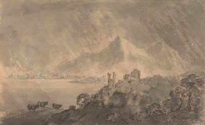 Kasteel boven een meer met verre berg onder stormachtige lucht door Rev. William Gilpin