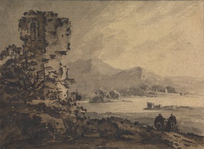 Klassiek landschap met twee figuren te paard rechts door Rev. William Gilpin