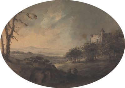 Landschap met Twee Mannen op een Heuvel en een Kasteel in de Verte door Rev. William Gilpin