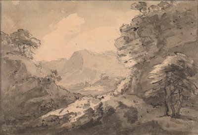 Bergachtig landschap met rotsachtige top rechts door Rev. William Gilpin