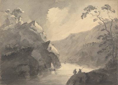 Bergachtig landschap met kronkelende rivier en kasteel door Rev. William Gilpin