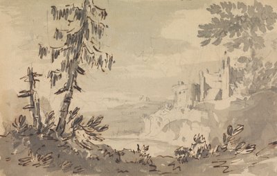 Pijnbomen en kasteel in een landschap door Rev. William Gilpin