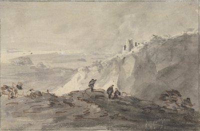 Drie figuren in een heuvelachtig landschap met ruïnes, verderop door Rev. William Gilpin