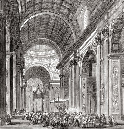 Een processie in de Sint-Pietersbasiliek, Vaticaanstad, Rome, Italië in de late 19e eeuw. Uit Italiaanse foto