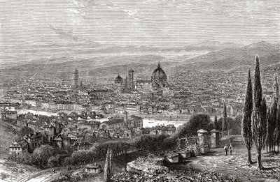 Een uitzicht op Florence, Toscane, Italië vanaf het terras van San Miniato, in de late 19e eeuw. Uit Italiaanse Prenten door Rev. Samuel Manning, gepubliceerd c.1890. door Reverend Samuel Manning