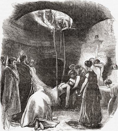 Een vroege christelijke begrafenis in de catacomben van Rome, Italië. Uit Italiaanse afbeeldingen door Rev. Samuel Manning, gepubliceerd ca. 1890. door Reverend Samuel Manning
