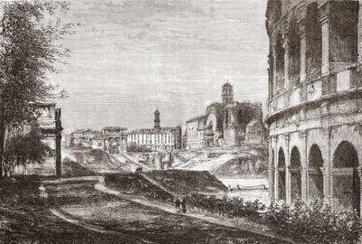 Toegang tot het Forum vanaf de Cellian Hill, Rome, Italië in de late 19e eeuw. Uit Italiaanse afbeeldingen door Rev. Samuel Manning, gepubliceerd c.1890. door Reverend Samuel Manning