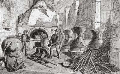 Bakkerijoven, brood- en meelmolens ontdekt bij de opgravingen in Pompeii, Napels, Italië in de late 19e eeuw. Uit Italiaanse Afbeeldingen door Rev. Samuel Manning, gepubliceerd ca. 1890. door Reverend Samuel Manning