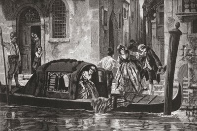 Passagiers stappen uit een gondel aan het Canal Grande, Venetië, Italië in de late 19e eeuw. Uit Italiaanse foto