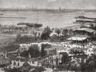 Openbare tuinen en rede van Livorno, ook bekend als Leghorn, Toscane, Italië in de late 19e eeuw. Uit Italiaanse afbeeldingen door Rev. Samuel Manning, gepubliceerd ca. 1890. door Reverend Samuel Manning