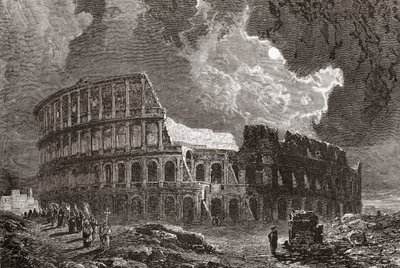 Het Colosseum, Rome, Italië bij maanlicht, in de late 19e eeuw. Uit Italiaanse afbeeldingen door Rev. Samuel Manning, gepubliceerd ca. 1890. door Reverend Samuel Manning
